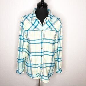Soft Surroundings white blue yellow plaid flannel button down top size Small
